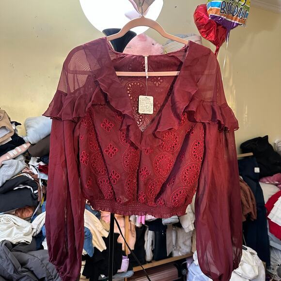 NWT Free people Life's A Party Blouse Wine‎ Red Burgundy Size XS Lace Sheer - Picture 11 of 13